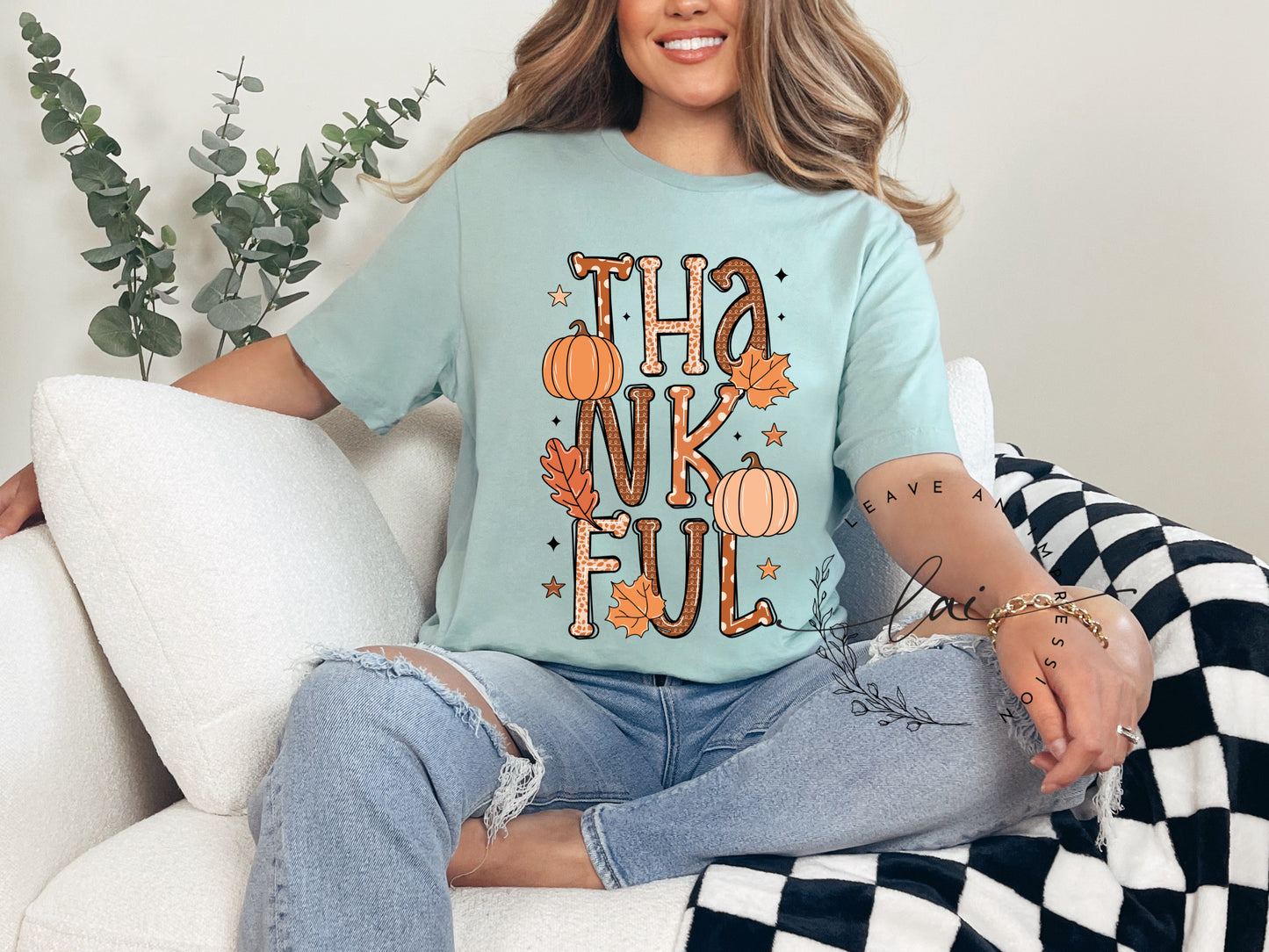 Thankful with pumpkins and leaves