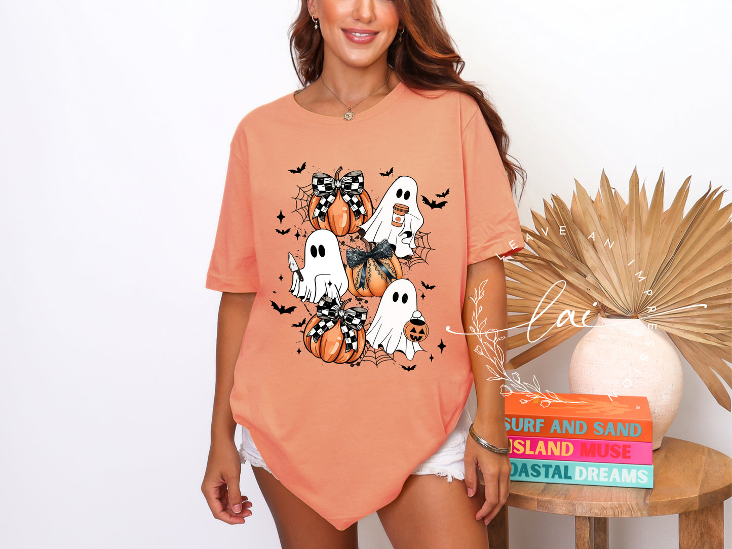 Cute Ghost With Coquette Pumpkins