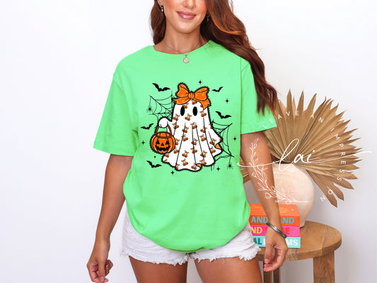 Cute Ghost With Mini Coquette Pumpkins